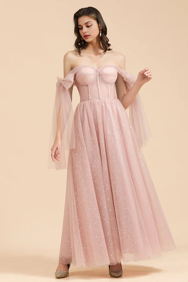 V-neck Tulle Long Evening Pink Prom Dress Simple gentle atmospheric and unique design