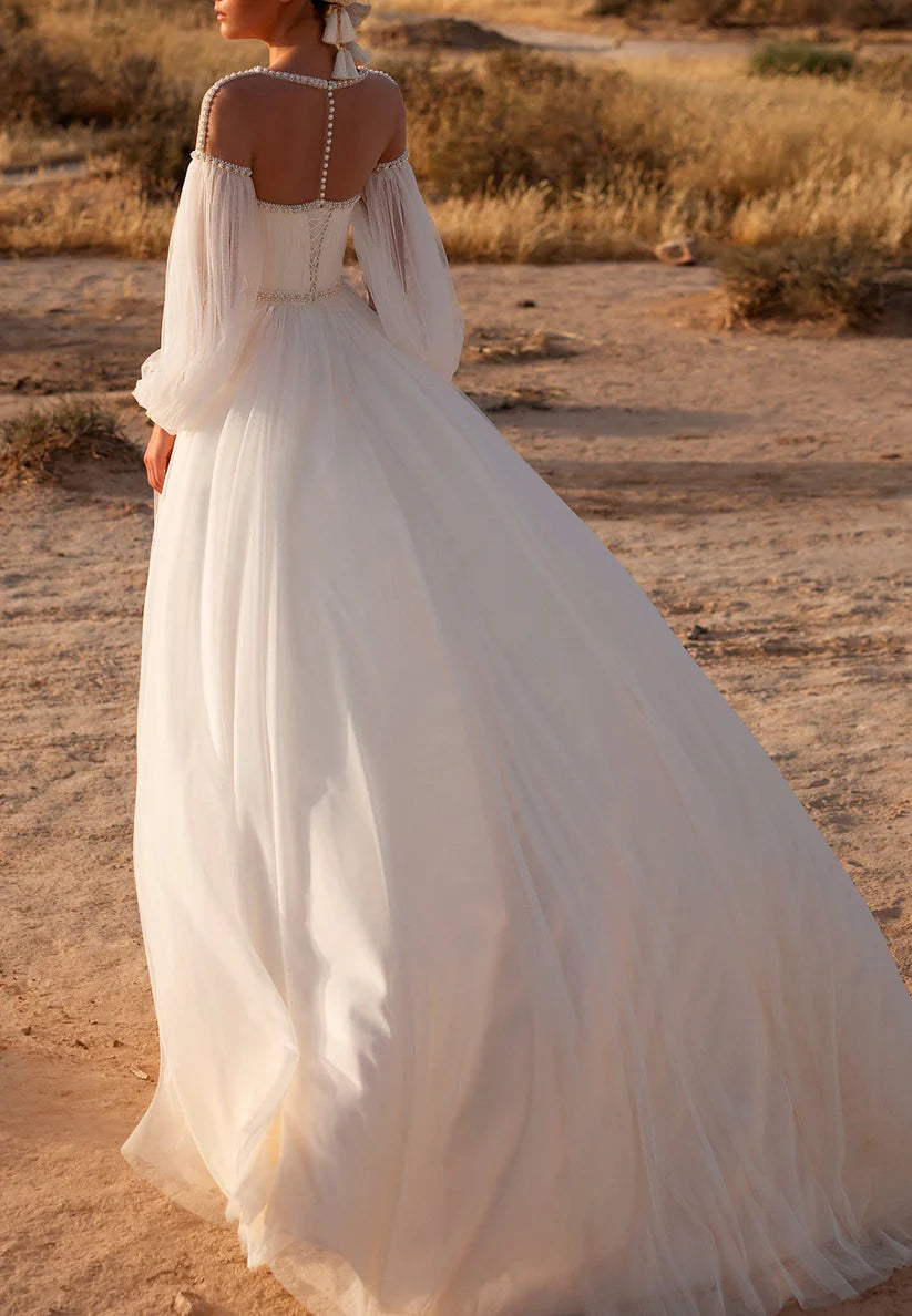 VA Line Illusion Scoop Long Sleeves Beaded Pleated Tulle Long Wedding Dress simple gentle atmospheric and unique desi Bring summer colors to enhance whiteness