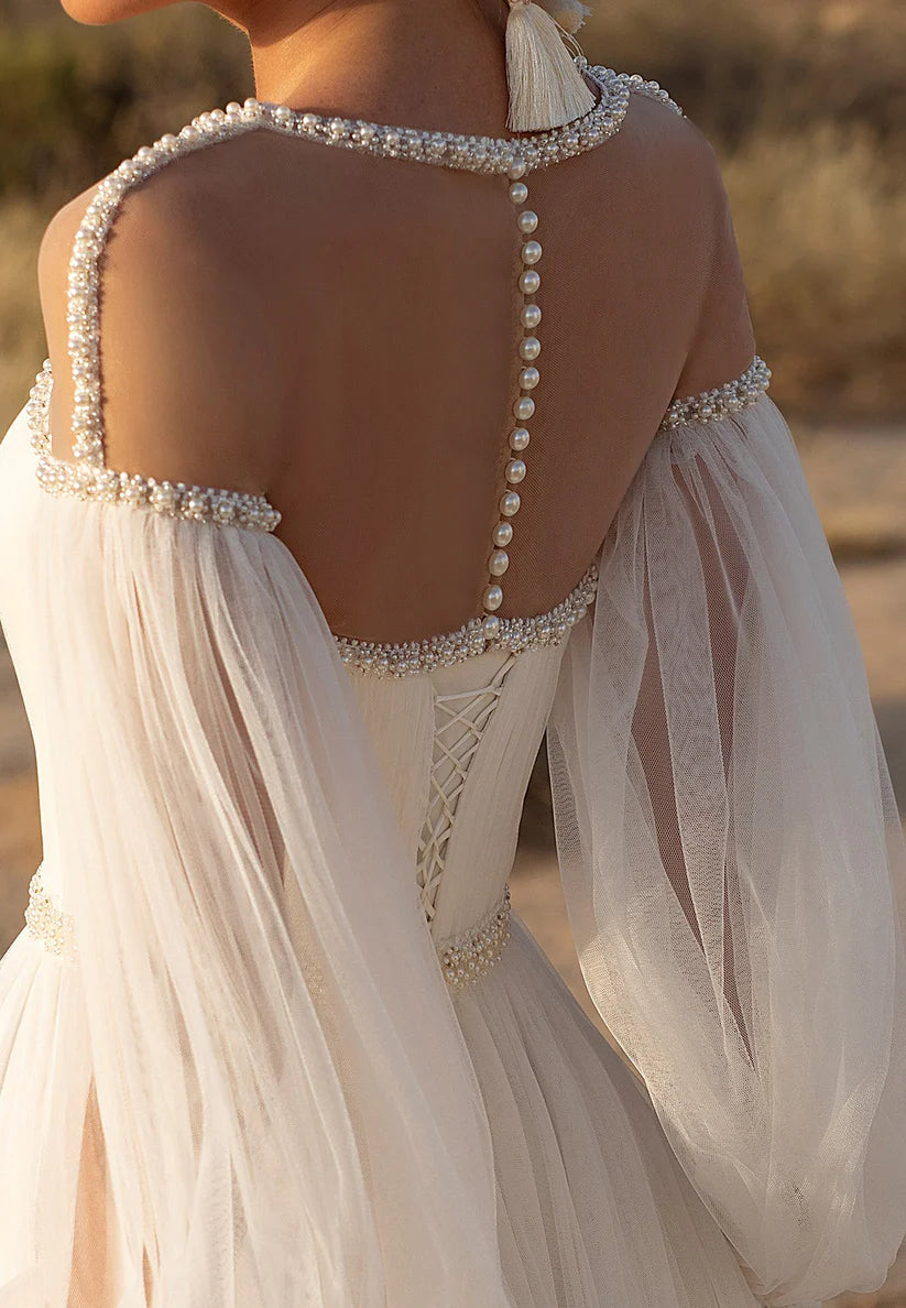 VA Line Illusion Scoop Long Sleeves Beaded Pleated Tulle Long Wedding Dress simple gentle atmospheric and unique desi Bring summer colors to enhance whiteness