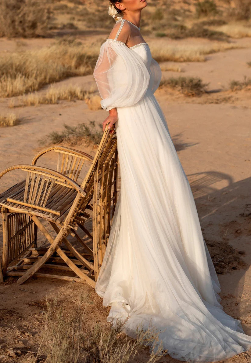 VA Line Illusion Scoop Long Sleeves Beaded Pleated Tulle Long Wedding Dress simple gentle atmospheric and unique desi Bring summer colors to enhance whiteness