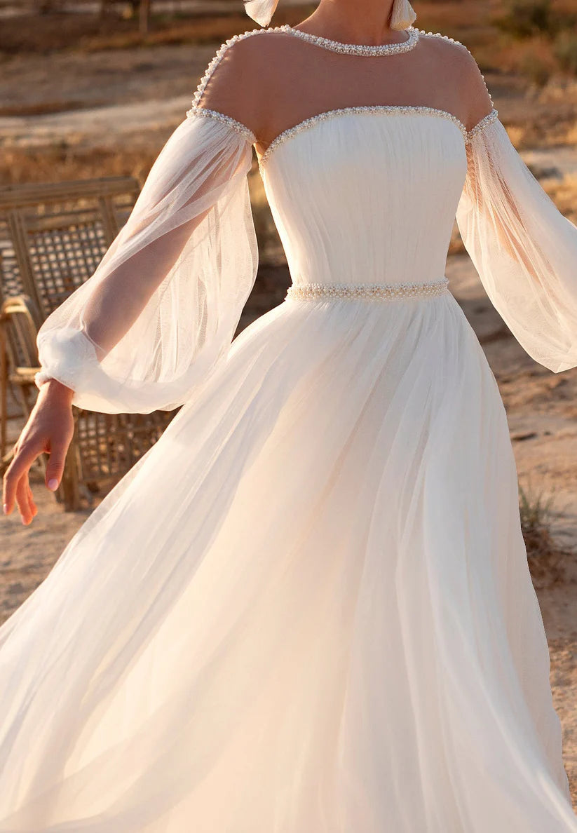 VA Line Illusion Scoop Long Sleeves Beaded Pleated Tulle Long Wedding Dress simple gentle atmospheric and unique desi Bring summer colors to enhance whiteness