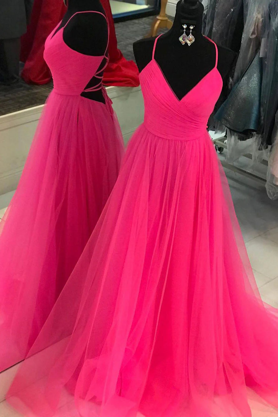 V Neck A-line Hot Pink Long Tulle Prom Graduation Dress with Lace-up Back simple gentle atmospheric and unique desi Bring summer colors to enhance whiteness