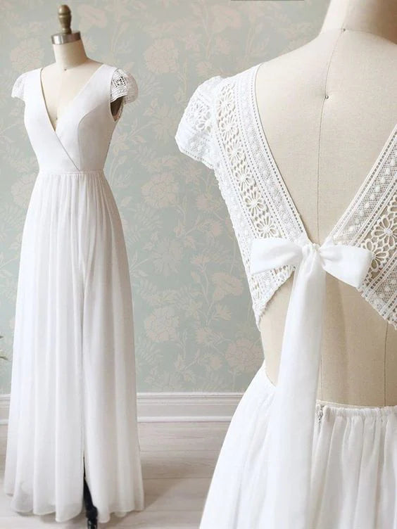 V Neck Cap Sleeves White Long Lace Prom Dresses Cap Sleeves White Lace Wedding Formal Evening Dresses simple gentle atmospheric and unique desi Bring summer colors to enhance whiteness