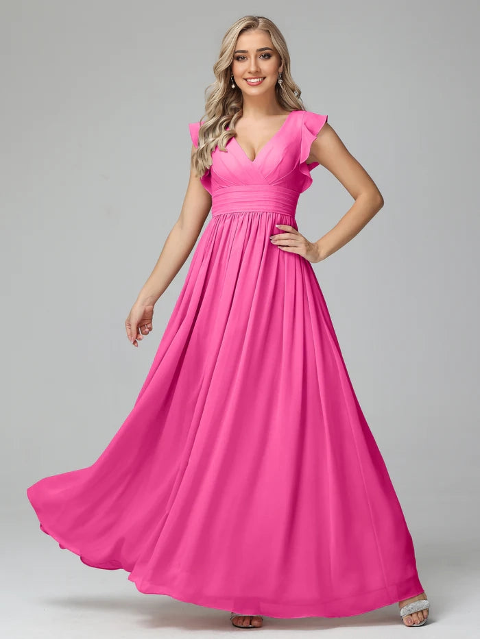 V Neck Empire Chiffon Bridesmaid Dresses With Ruffle Sleeves simple gentle atmospheric and unique desi Bring summer colors to enhance whiteness
