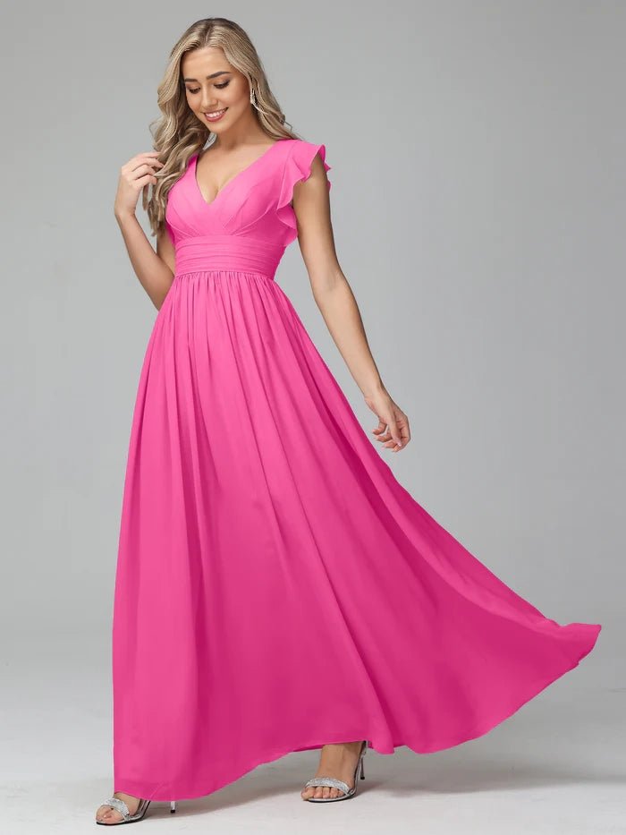 V Neck Empire Chiffon Bridesmaid Dresses With Ruffle Sleeves simple gentle atmospheric and unique desi Bring summer colors to enhance whiteness
