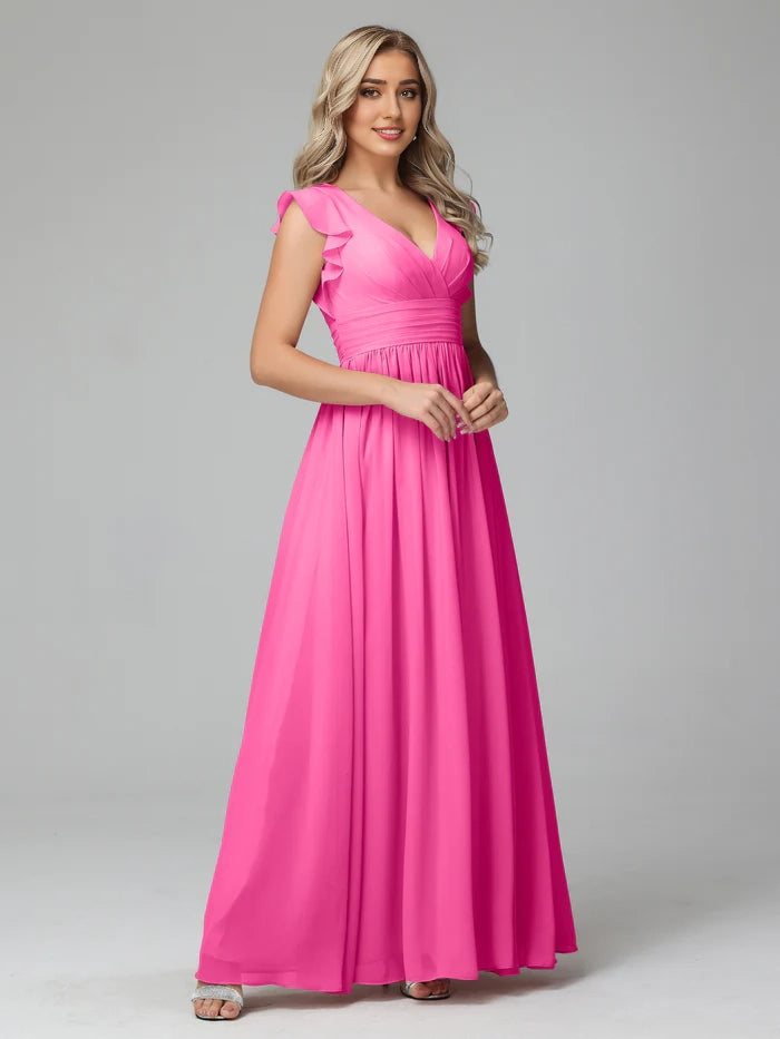V Neck Empire Chiffon Bridesmaid Dresses With Ruffle Sleeves simple gentle atmospheric and unique desi Bring summer colors to enhance whiteness