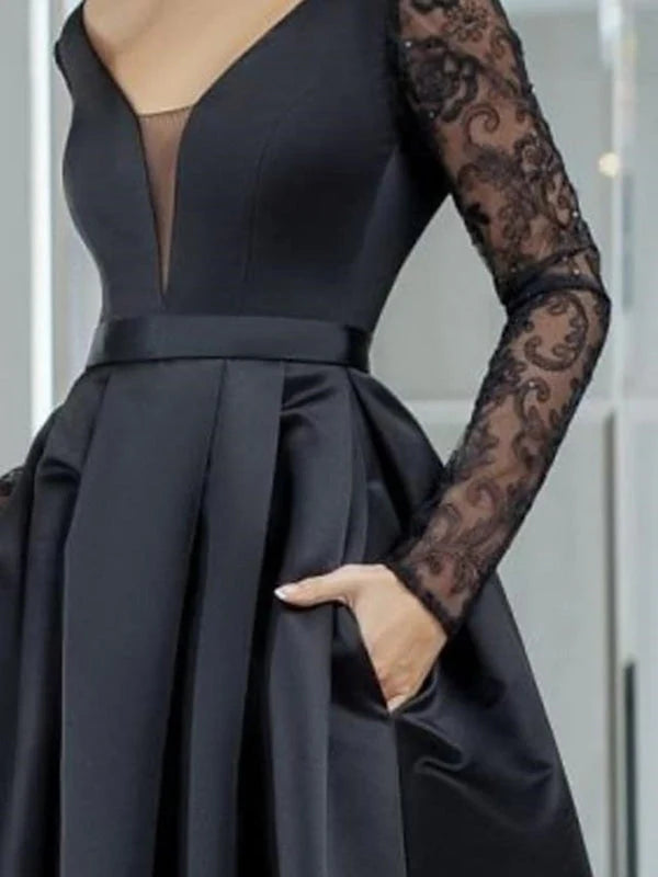 V Neck Long Sleeves Black Lace Long Prom Dresses,High Low Black Formal Dresses simple gentle atmospheric and unique desi Bring summer colors to enhance whiteness