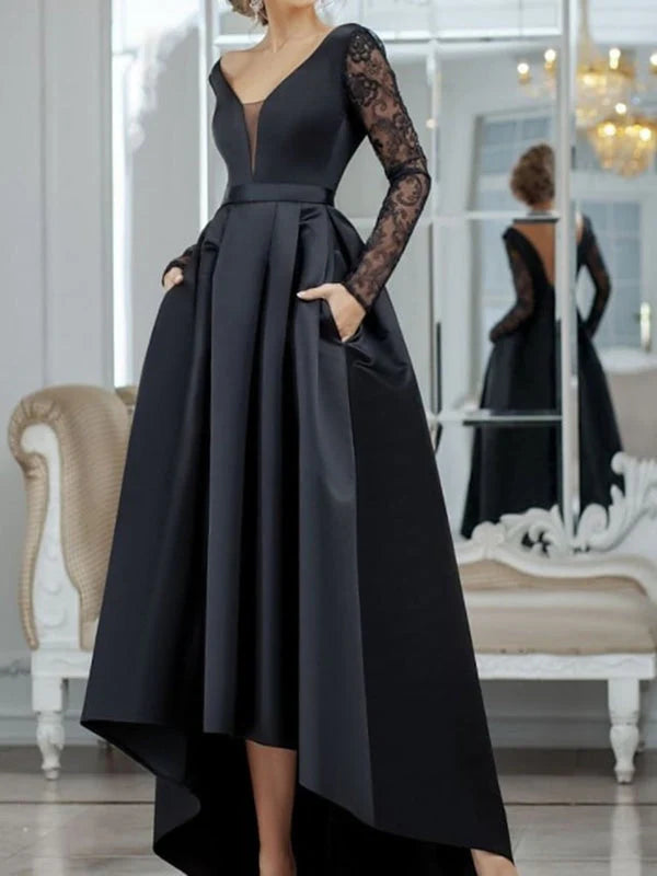 V Neck Long Sleeves Black Lace Long Prom Dresses,High Low Black Formal Dresses simple gentle atmospheric and unique desi Bring summer colors to enhance whiteness