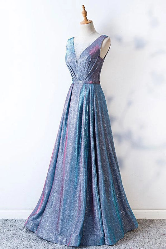 V Neck Satin Blue Lace up Ruffles A Line Prom Dresses Long Cheap Evening Dresses simple gentle atmospheric and unique desi Bring summer colors to enhance whiteness