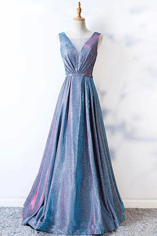 V Neck Satin Blue Lace up Ruffles A Line Prom Dresses Long Cheap Evening Dresses simple gentle atmospheric and unique desi Bring summer colors to enhance whiteness