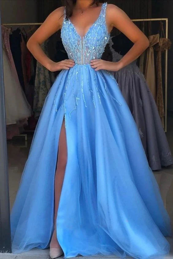 V Neck Slit Side Blue Prom Dresses with Beaded simple gentle atmospheric and unique desi Bring summer colors to enhance whiteness