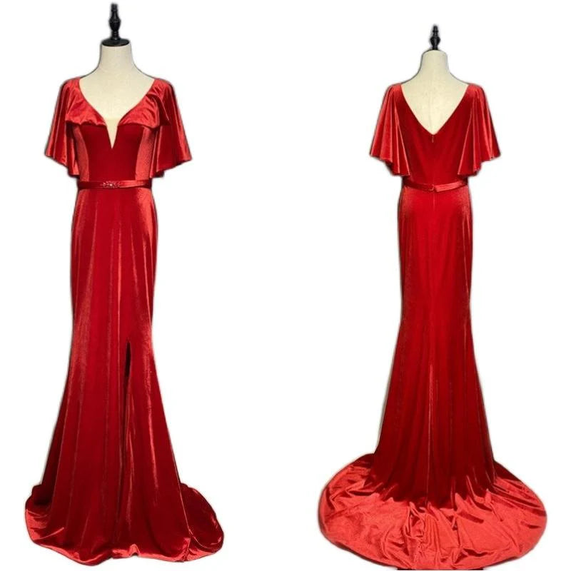 Velvet Red Evening Dresses with Ruffles Sleeves simple gentle atmospheric and unique desi Bring summer colors to enhance whitenes