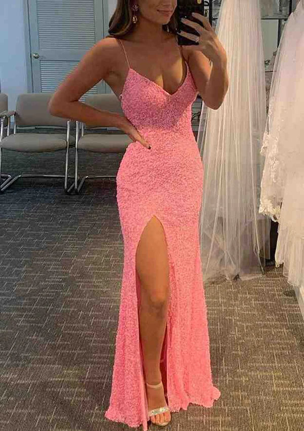 Velvet Sequins Prom Dress/Evening Dress - Sheath/Column V-Neck Spaghetti Straps Long/Floor-Length Split Simple gentle atmospheric and unique design
