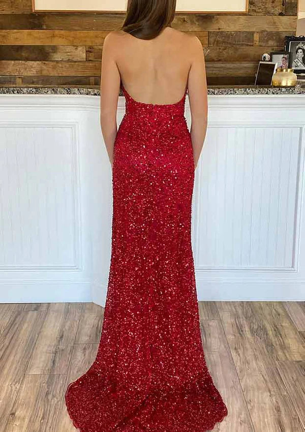Velvet Sequins Prom Dress/Evening Dress With Split - Sheath/Column V-Neck Sleeveless Court Train Simple gentle atmospheric and unique design