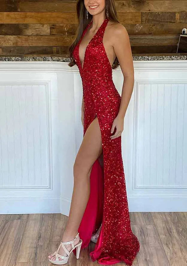 Velvet Sequins Prom Dress/Evening Dress With Split - Sheath/Column V-Neck Sleeveless Court Train Simple gentle atmospheric and unique design