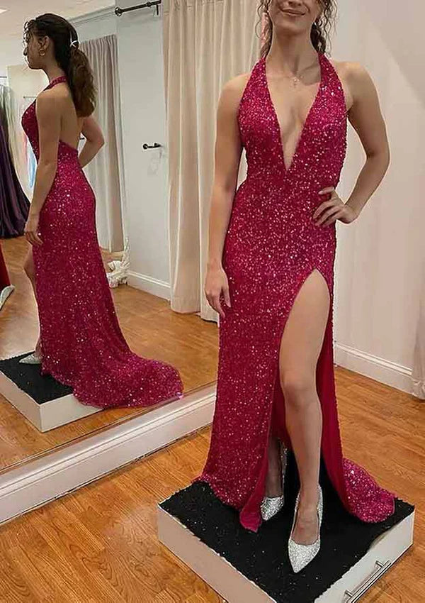 Velvet Sequins Prom Dress/Evening Dress With Split - Sheath/Column V-Neck Sleeveless Court Train Simple gentle atmospheric and unique design
