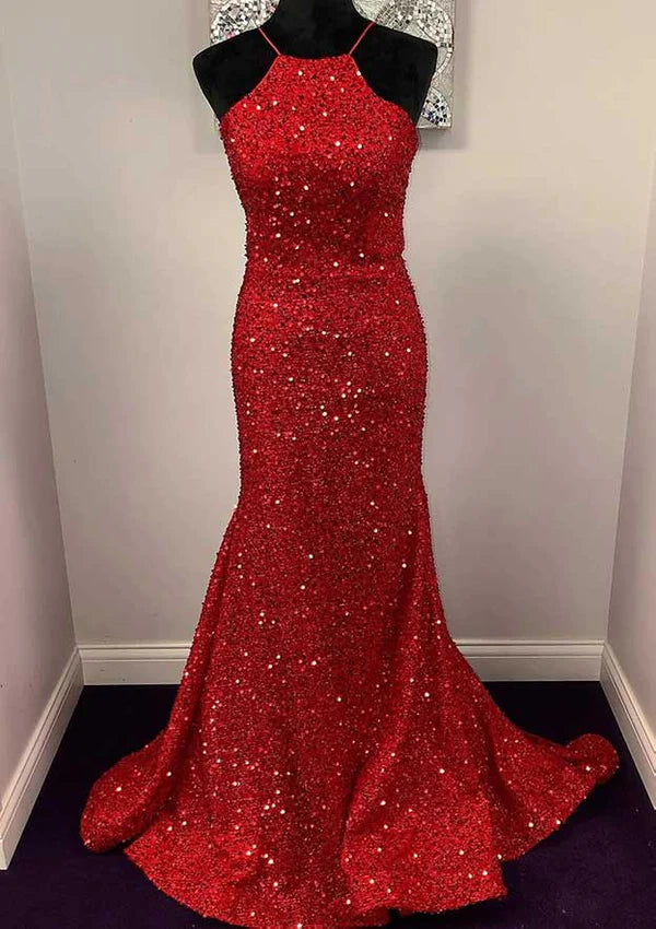 Velvet Sequins Prom Dress/Evening Dress with Trumpet/Mermaid Halter Sleeveless Sweep Train Simple gentle atmospheric and unique design