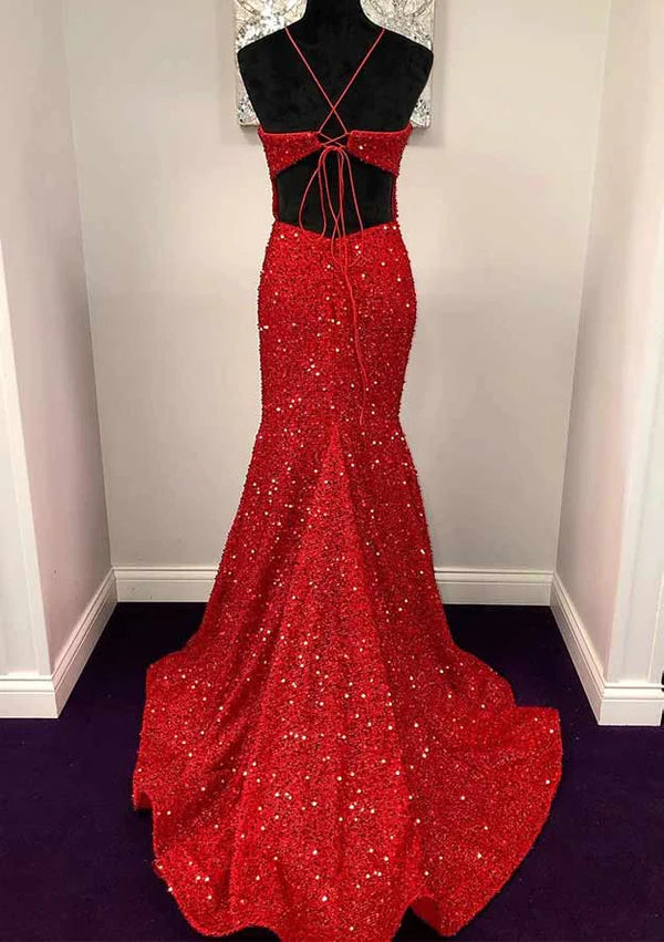 Velvet Sequins Prom Dress/Evening Dress with Trumpet/Mermaid Halter Sleeveless Sweep Train Simple gentle atmospheric and unique design
