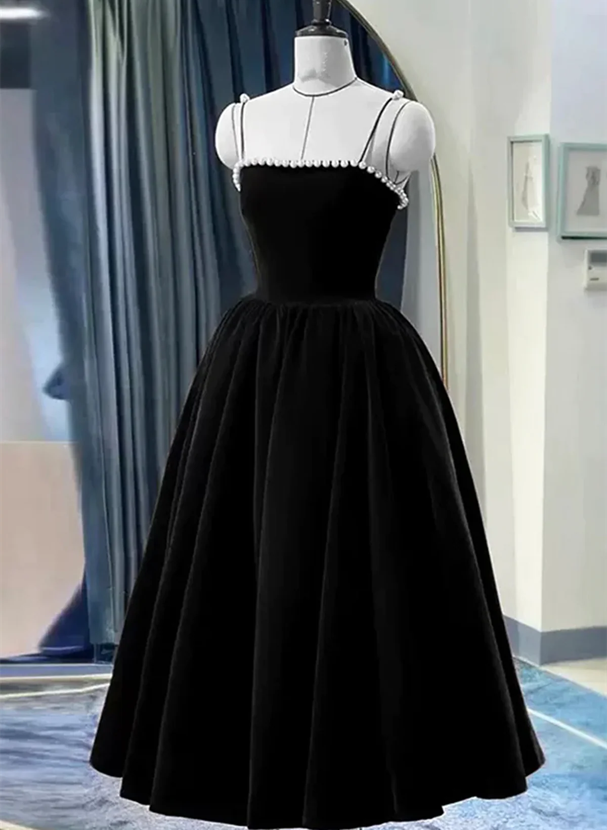 Velvet Tea Length Pearls Straps Formal Dress Velvet Wedding Party Dresses simple gentle atmospheric and unique desi Bring summer colors to enhance whiteness