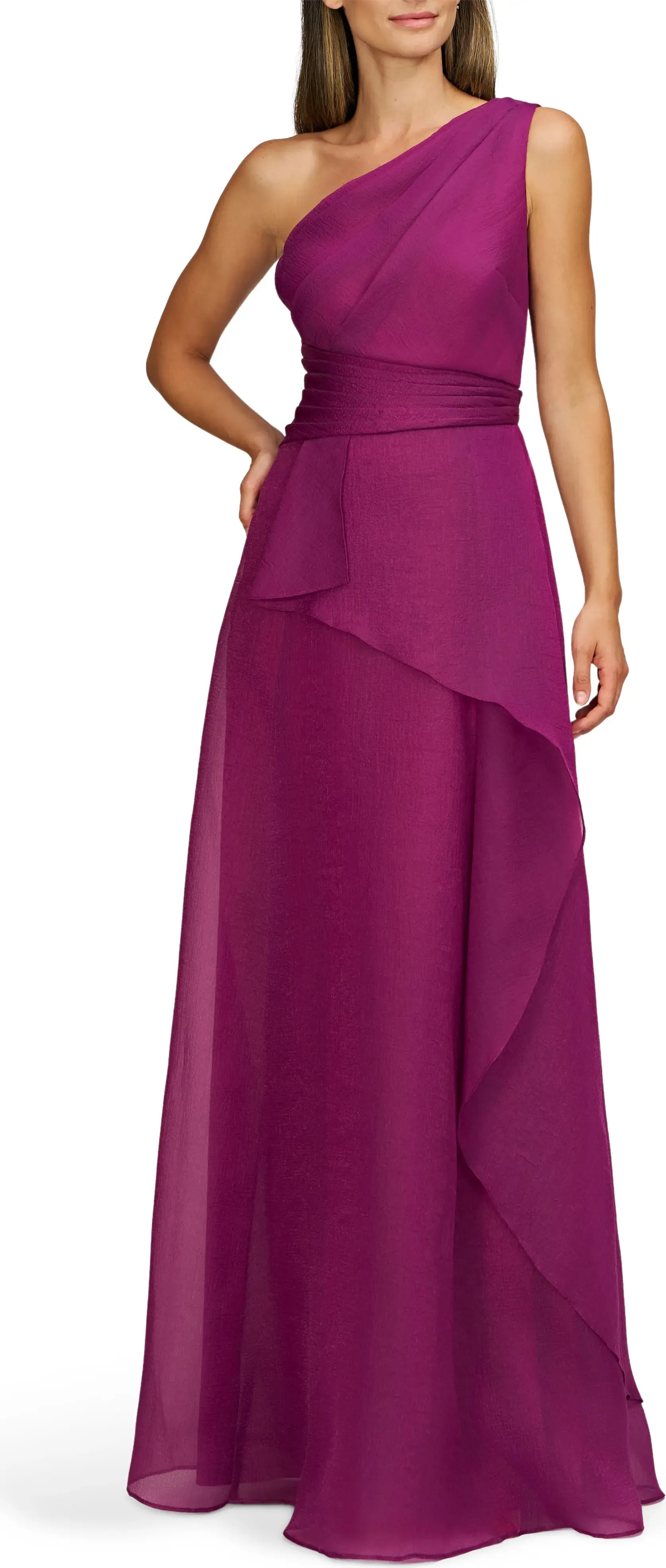 Vibrant A Line One Shoulder Sleeveless Ruched Back Maxi Hot Sale Evening Dress