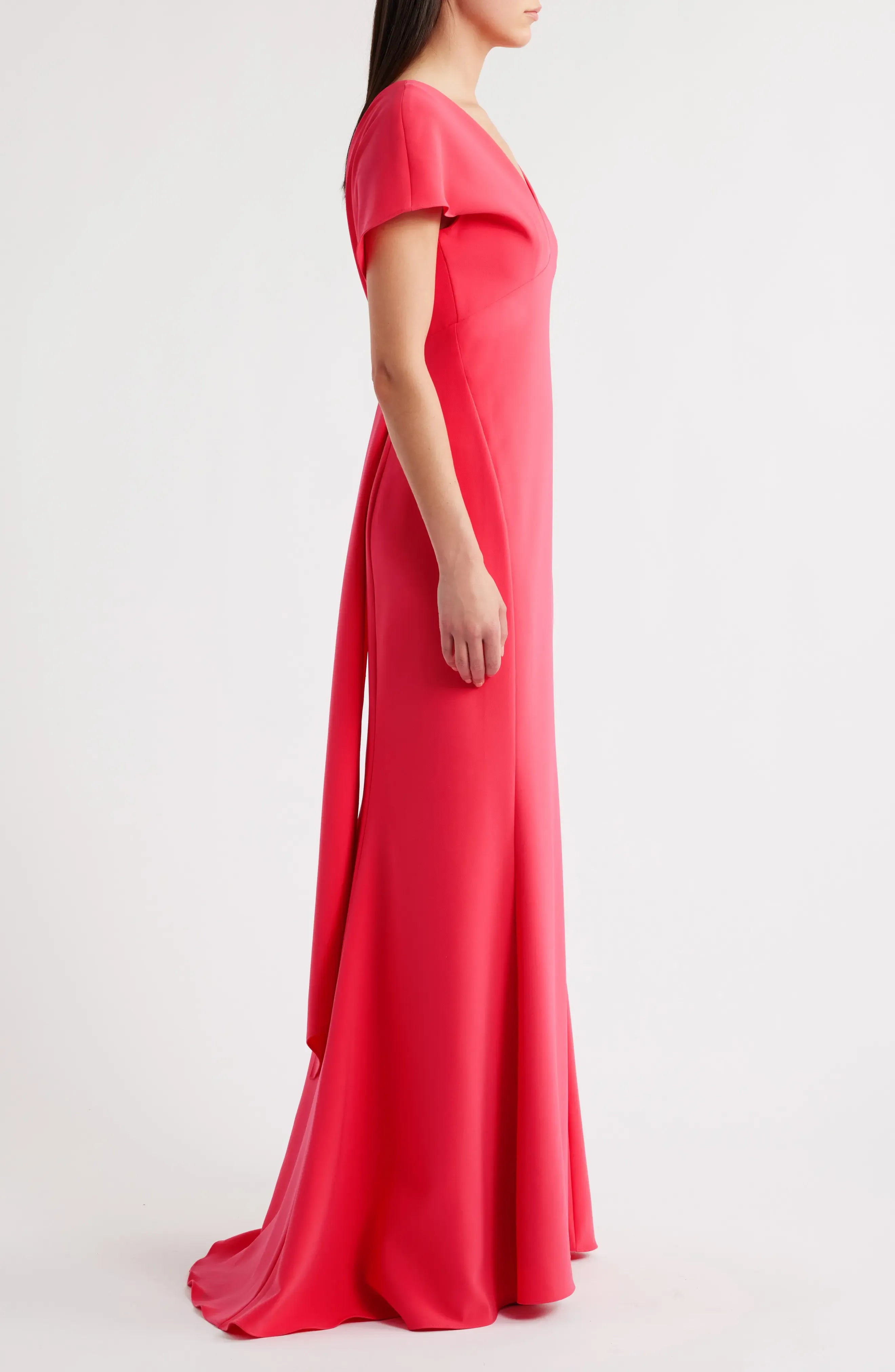 Vibrant Fitted Deep V Neck Cape Sleeve Plunging Back Floor Length For Adults Evening Dress