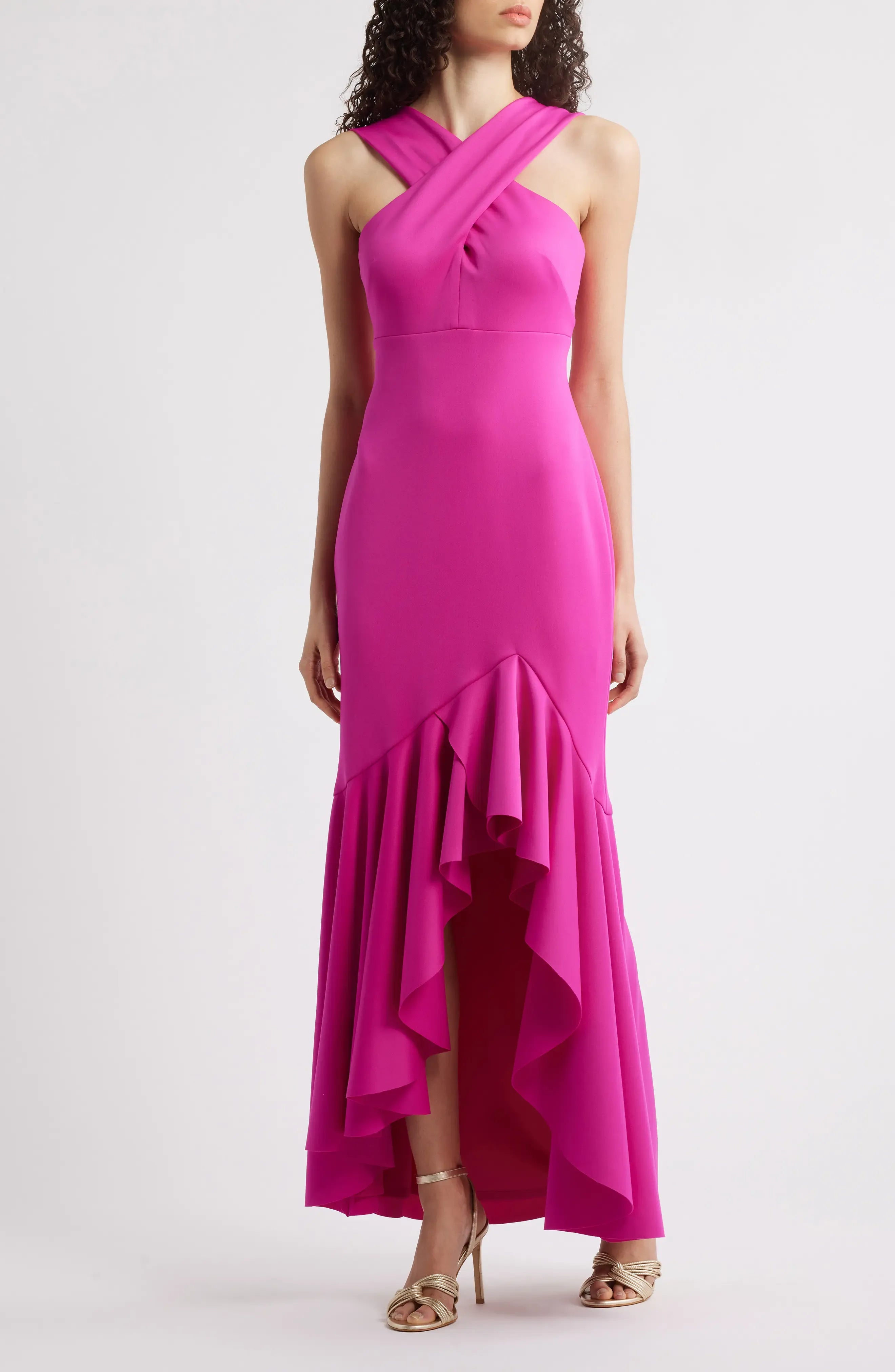 Vibrant Mermaid Cross Halter Sleeveless Open Back High Low Evening Dress