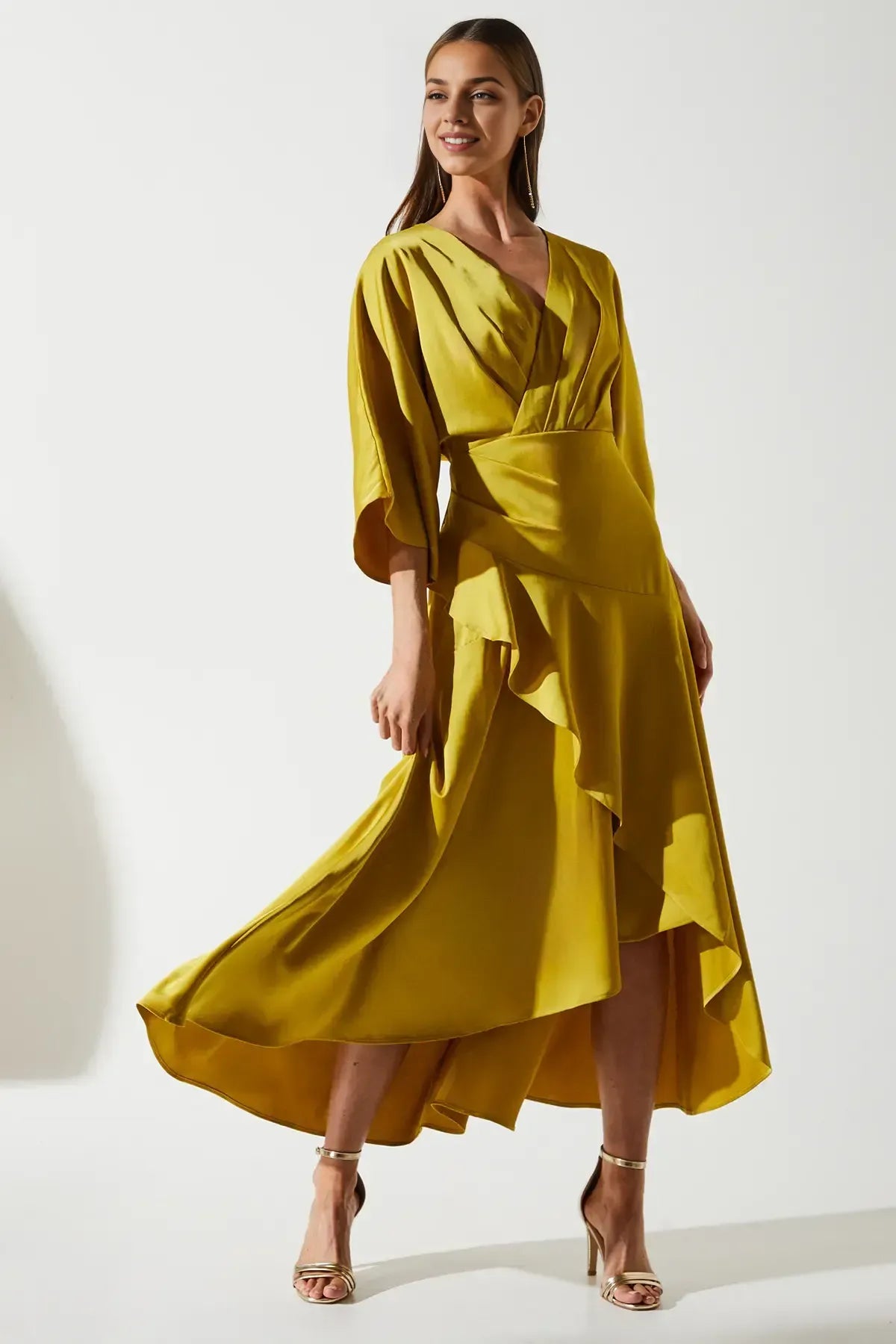 Vibrant Ruffled A-Line V Neck Bell Sleeve Keyhole Back Asymmetrical Midi For Ladies Prom Dress