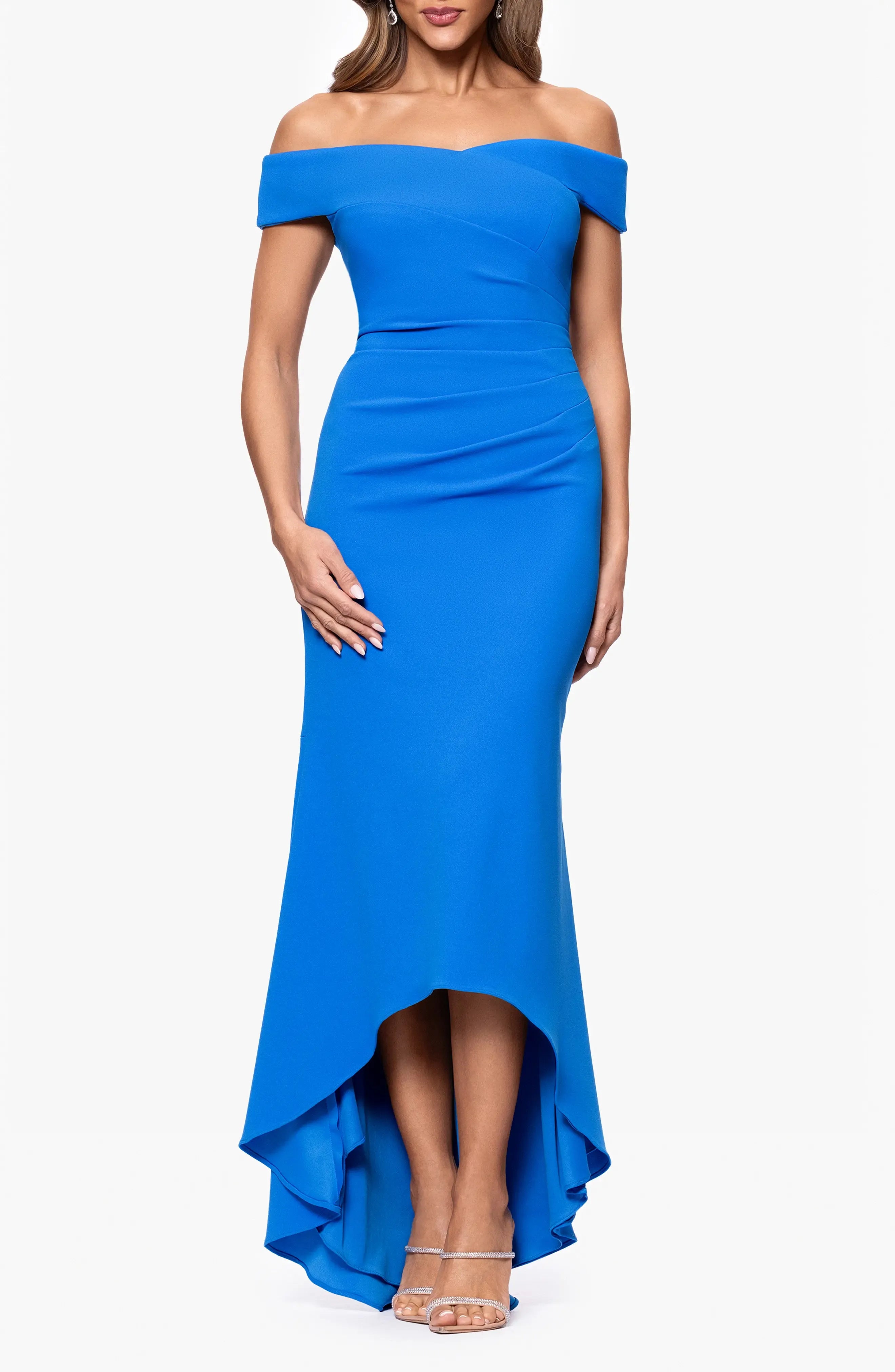 Vibrant Trumpet Off Shoulder Short Sleeve Ruched Back High Low For Ladies Evening Dress