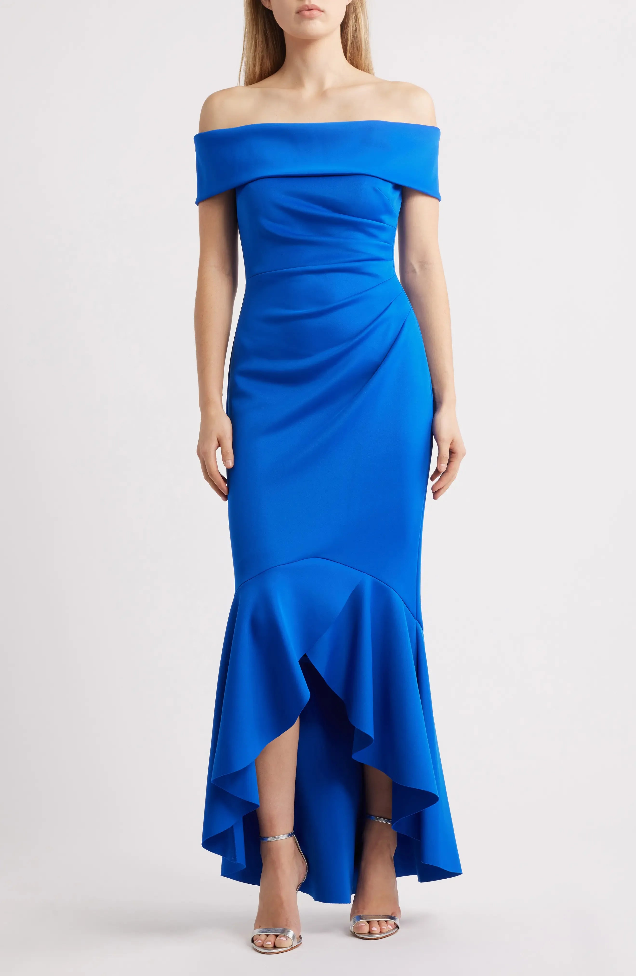 Vibrant Trumpet Off Shoulder Sleeveless Ruched Back High Low For Adults Evening Dress