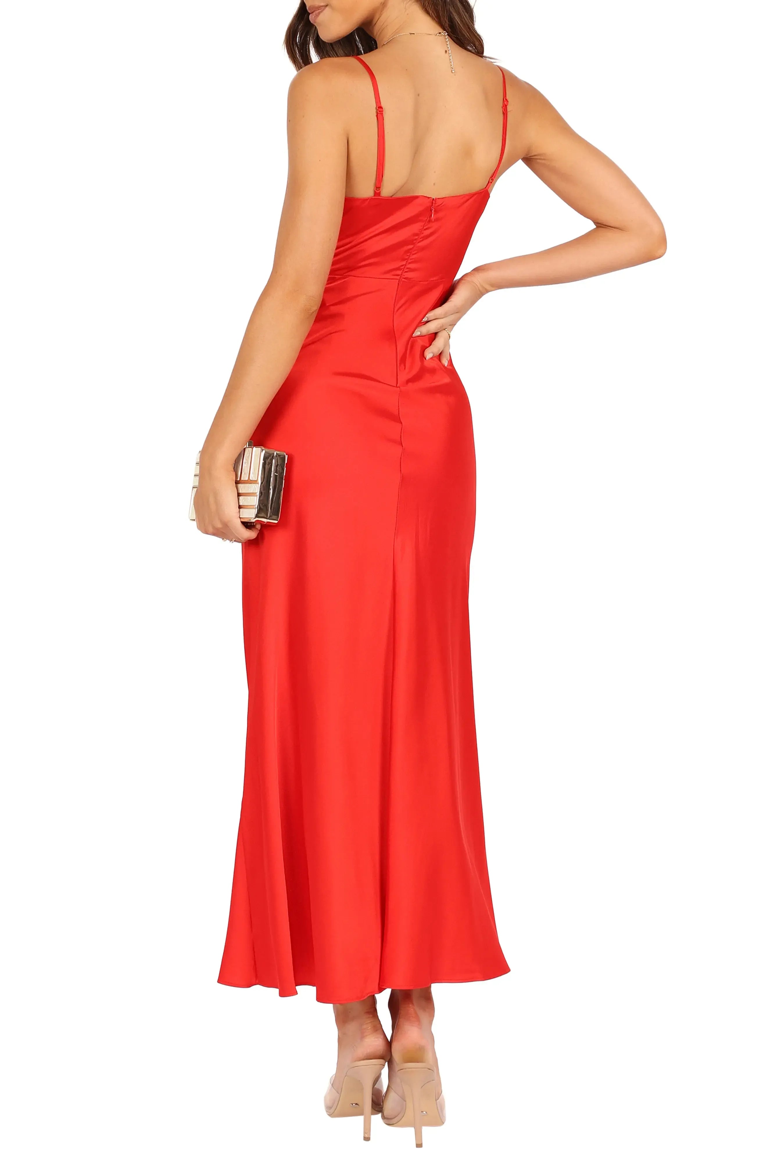 Vibrant Wrap V Neck Spaghetti Strap Open Back Midi Evening Dress