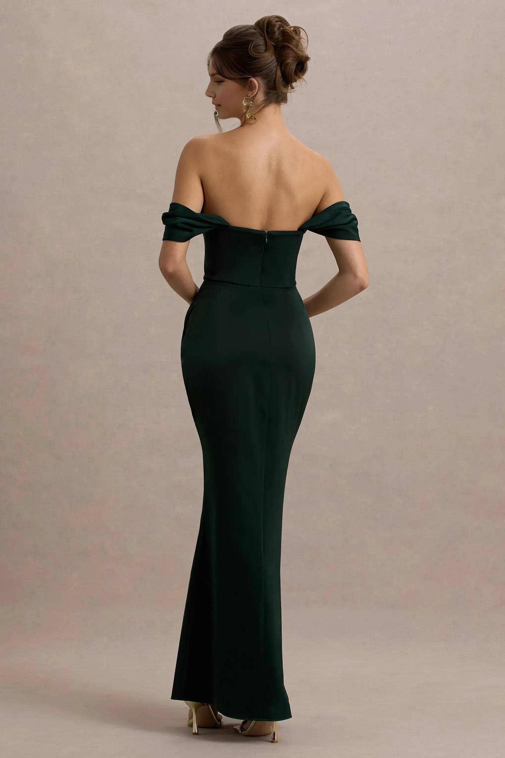 Vintage Mermaid Off Shoulder Draped Sleeve Ruched High Slit Floor Length Prom Dress