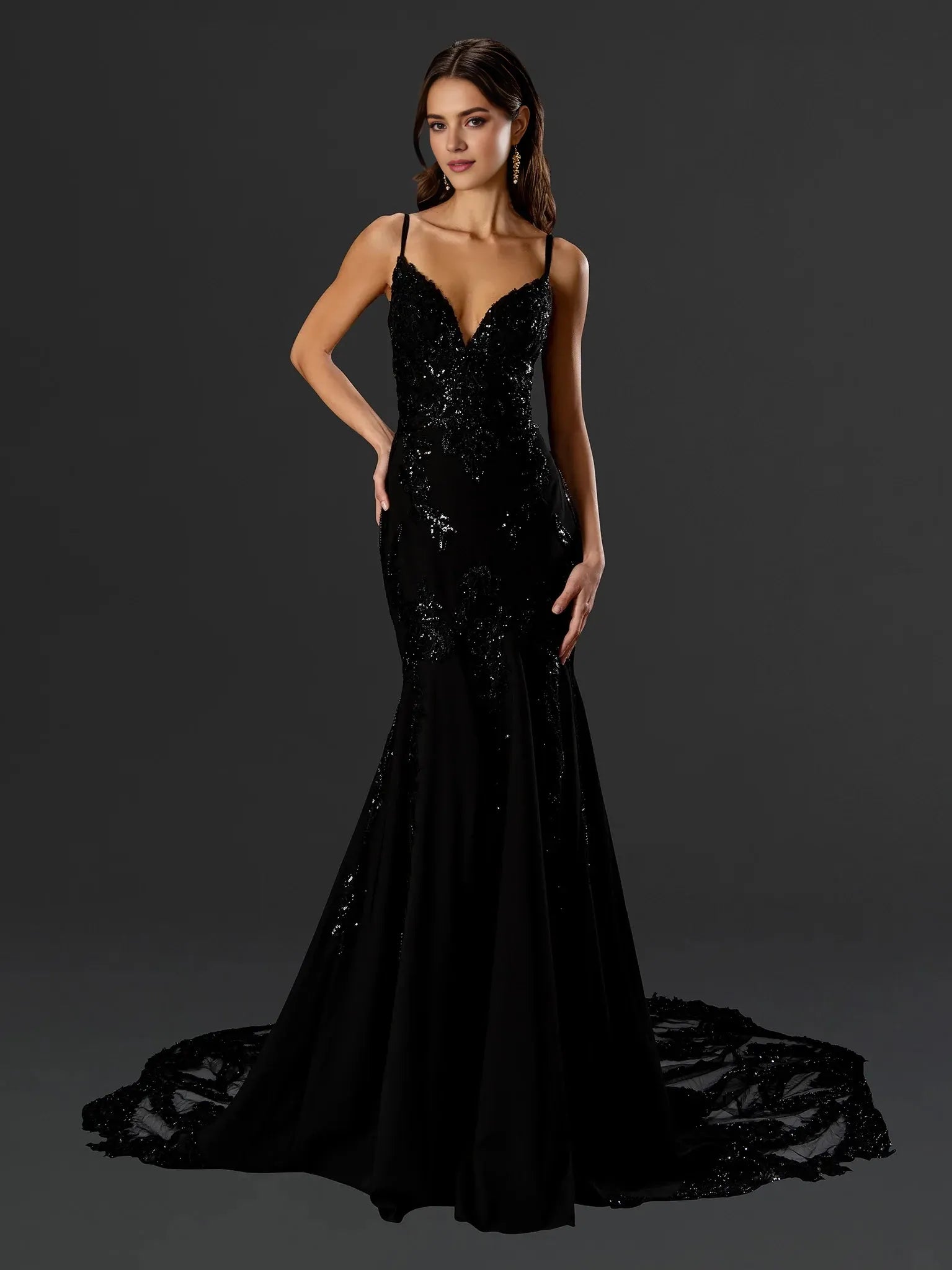 Vintage Mermaid V Neck Spaghetti Strap Open Back Train Floor Length Prom Dress