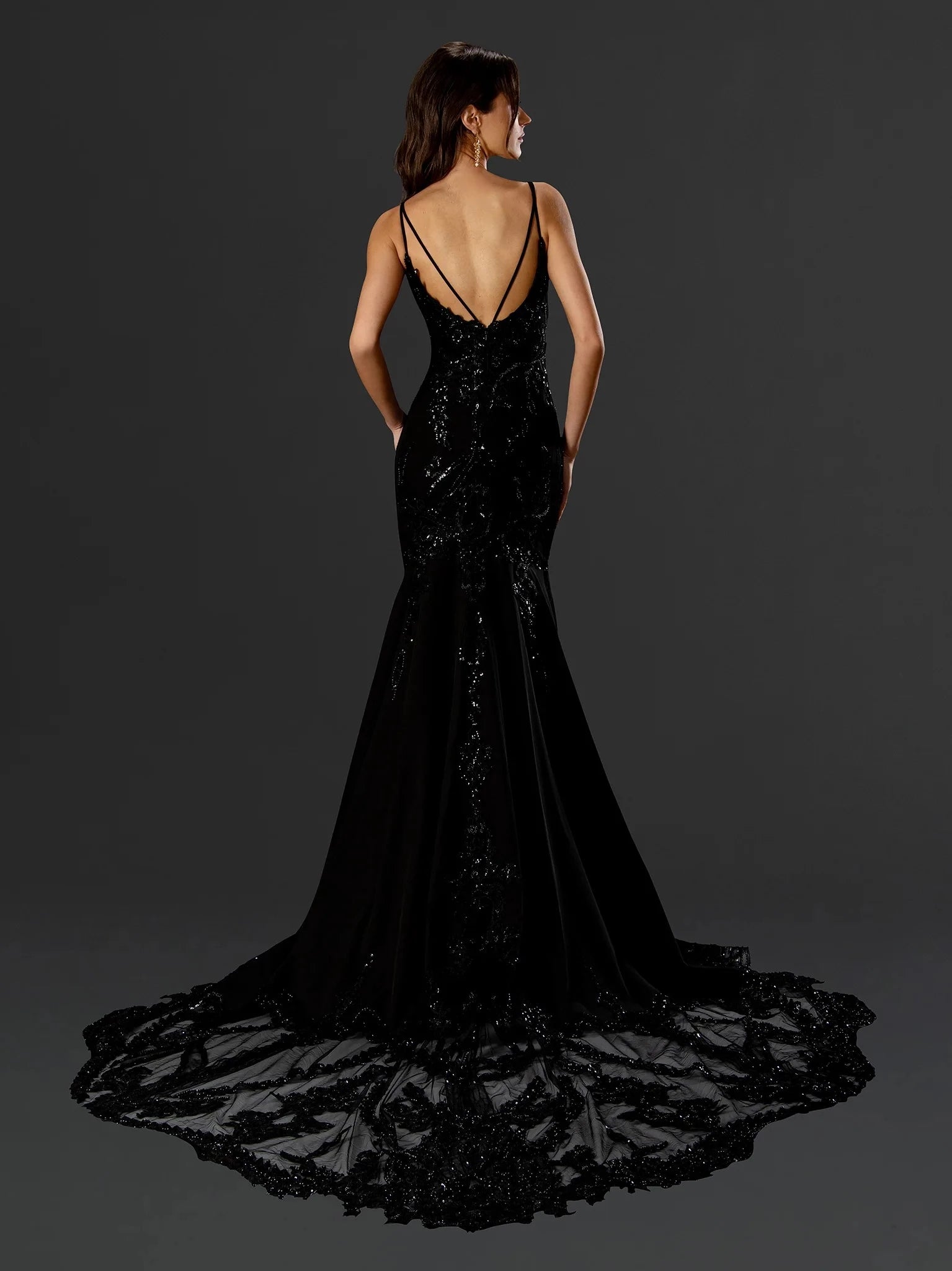 Vintage Mermaid V Neck Spaghetti Strap Open Back Train Floor Length Prom Dress