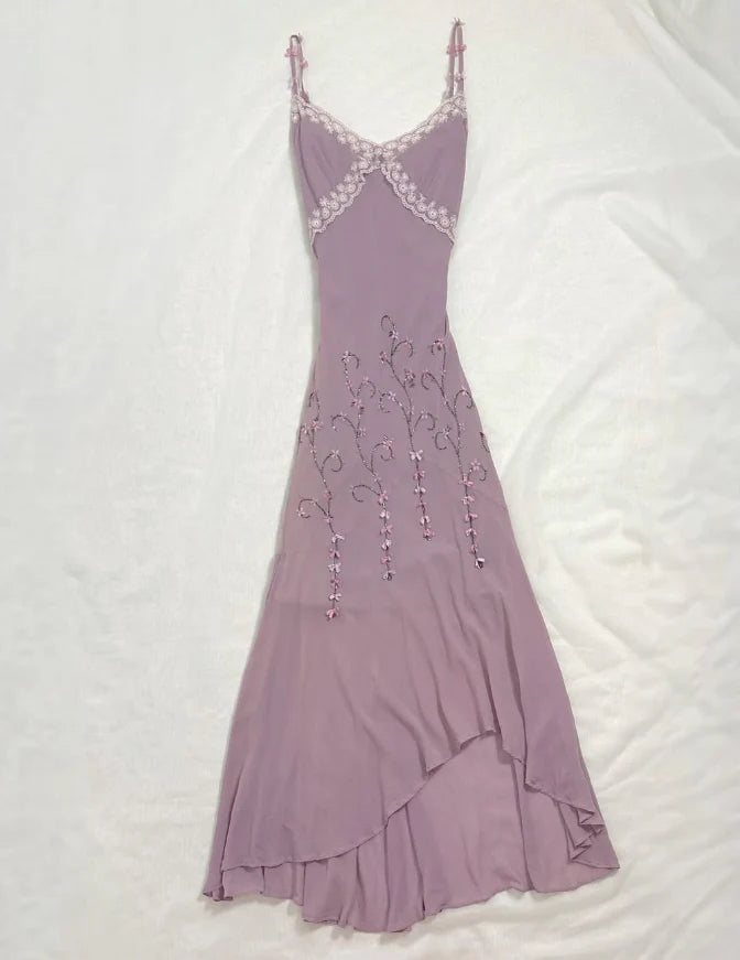 Vintage A Line Spaghetti Straps Beaded Purple Chiffon Prom Dress Party Dress simple gentle atmospheric and unique desi Bring summer colors to enhance whiteness