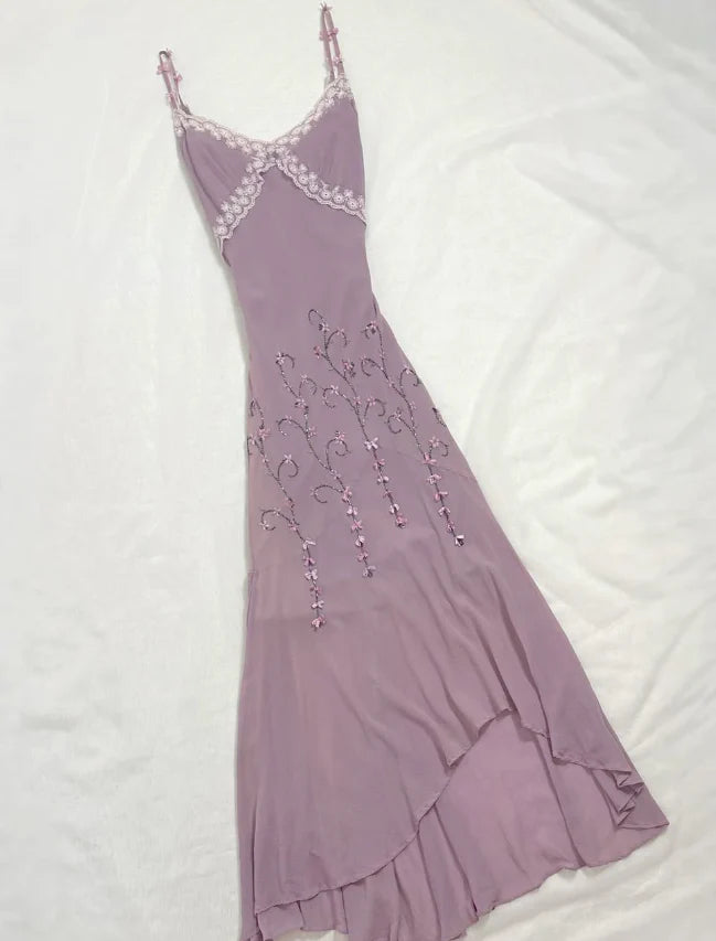Vintage A Line Spaghetti Straps Beaded Purple Chiffon Prom Dress Party Dress simple gentle atmospheric and unique desi Bring summer colors to enhance whiteness