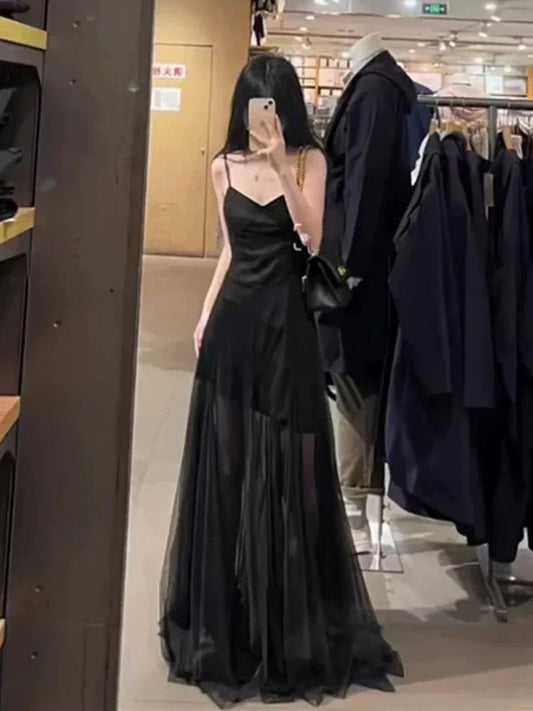 Vintage A Line Spaghetti Straps Black Chiffon Long Evening Dress Prom Dresses formal wear dresses simple gentle atmospheric and unique desi Bring summer colors to enhance whiteness