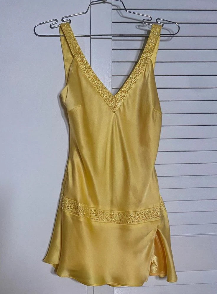 Vintage A line V Neck Satin Yellow Short Beads Formal Homecoming Dresses Short Dresses Party Graduation Dress Hoco Dresses