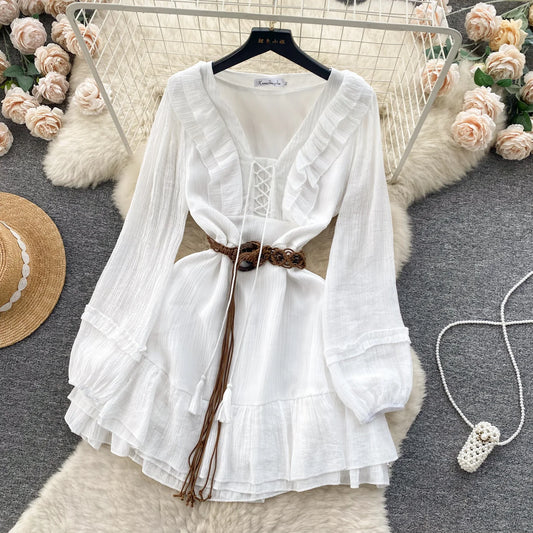 Vintage A line V Neckline Long Sleeves White Holiday Dresses Women's Dress simple gentle atmospheric and unique desi Bring summer colors to enhance whiteness