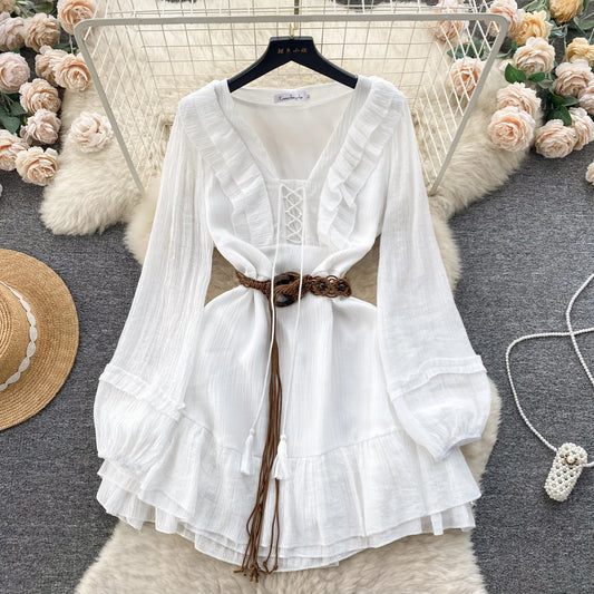 Vintage A line V Neckline Long Sleeves White Holiday Dresses Women's Dress simple gentle atmospheric and unique desi Bring summer colors to enhance whiteness