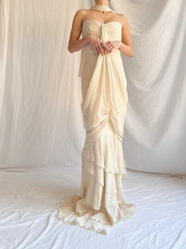 Vintage Apricot Draped Gown Featuring Strapless Neckline Dress with Scarf simple gentle atmospheric and unique desi Bring summer colors to enhance whiteness