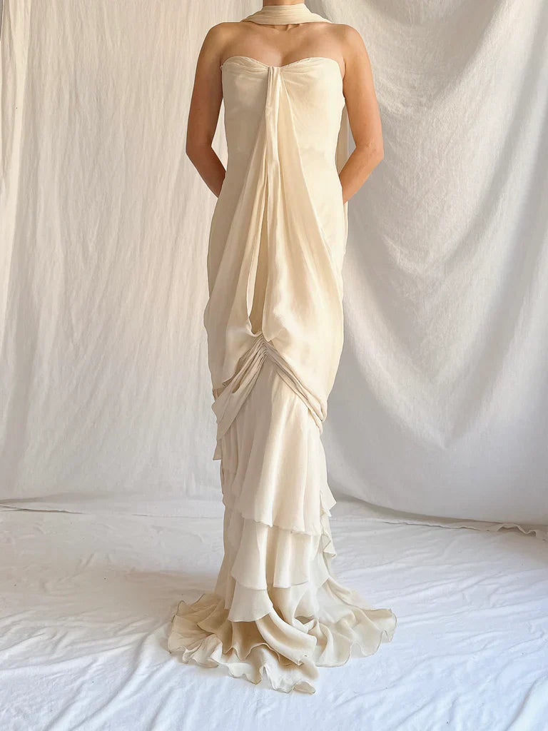 Vintage Apricot Draped Gown Featuring Strapless Neckline Dress with Scarf simple gentle atmospheric and unique desi Bring summer colors to enhance whiteness