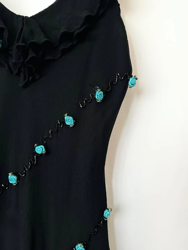 Vintage Blue Floral Black Beaded Ruffles Chiffon Prom Dress Evening Party Gowns simple gentle atmospheric and unique desi Bring summer colors to enhance whiteness