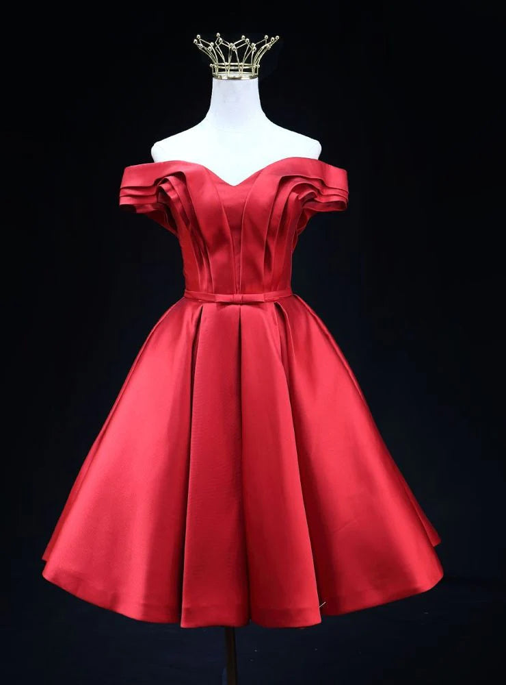 Vintage Burgundy Satin Off the Shoulder Pleats Short Graduation Homecoming Dress Birthday Outfits simple gentle atmospheric and unique desi Bring summer colors to enhance whiteness