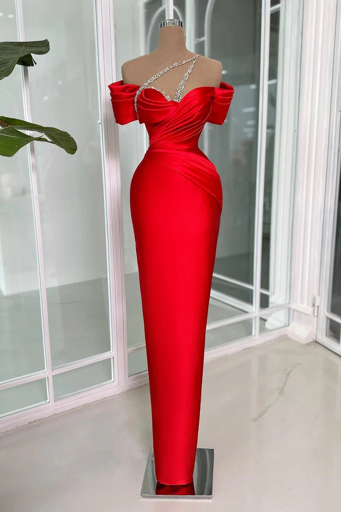 Vintage Column Off-the-shoulder Short Sleeve Beaded Satin Prom Dress Simple gentle atmospheric and unique design