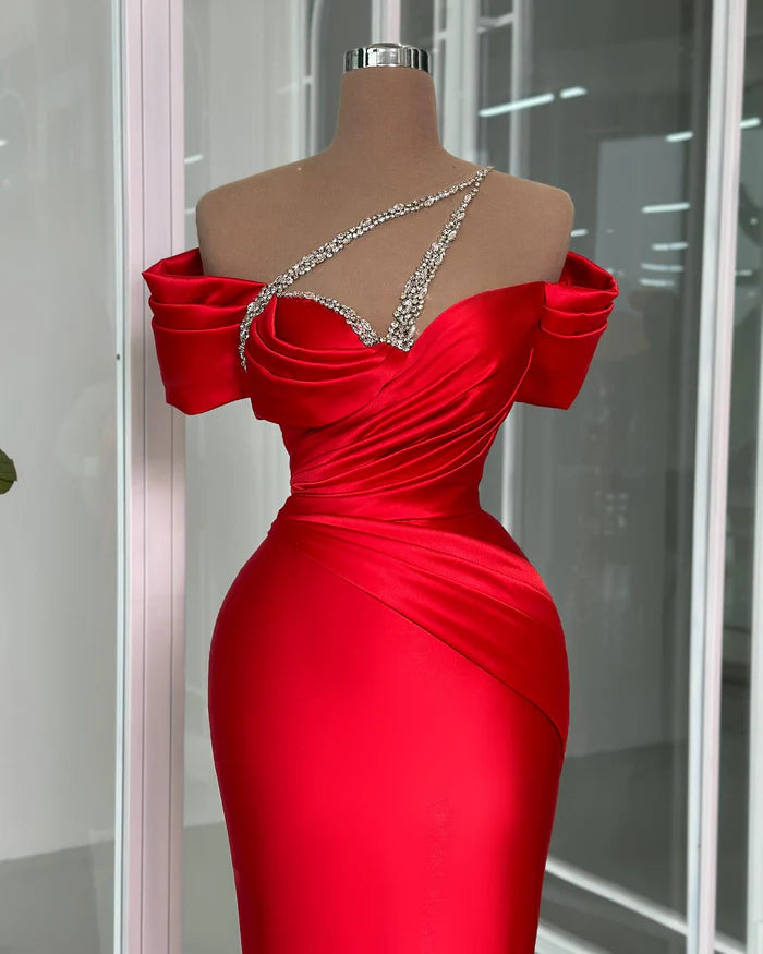 Vintage Column Off-the-shoulder Short Sleeve Beaded Satin Prom Dress Simple gentle atmospheric and unique design