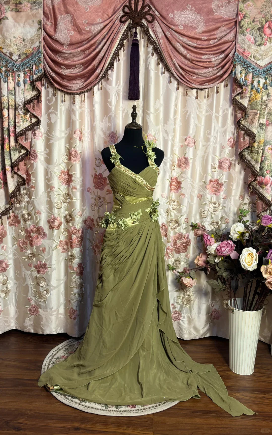 Vintage Dreamy Green A Line Strap Beaded Floral Chiffon Prom Dress Evening Dress Formal Dress simple gentle atmospheric and unique desi Bring summer colors to enhance whiteness