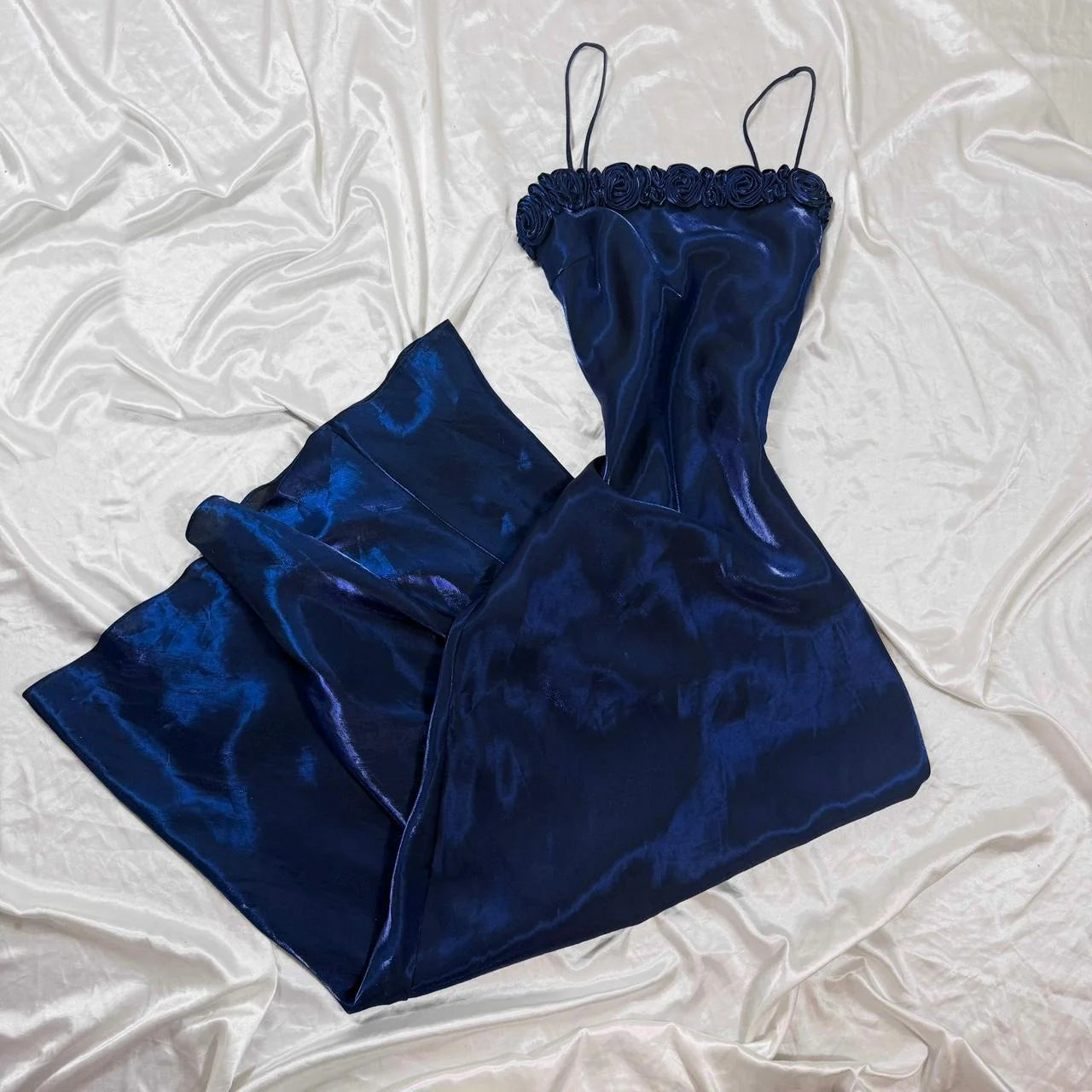 Vintage Fashion Elegant Delicate Floral Spaghetti Strap Long Satin Ball Gown Evening Dress  simple gentle atmospheric and unique desi Bring summer colors to enhance whiteness