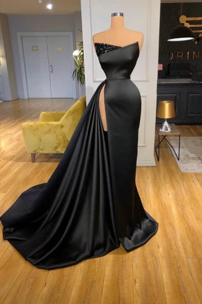 Vintage Long Black Sleeveless Evening Dresses Prom Gowns With Stylish Slit Simple gentle atmospheric and unique design