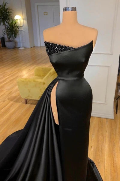 Vintage Long Black Sleeveless Evening Dresses Prom Gowns With Stylish Slit Simple gentle atmospheric and unique design