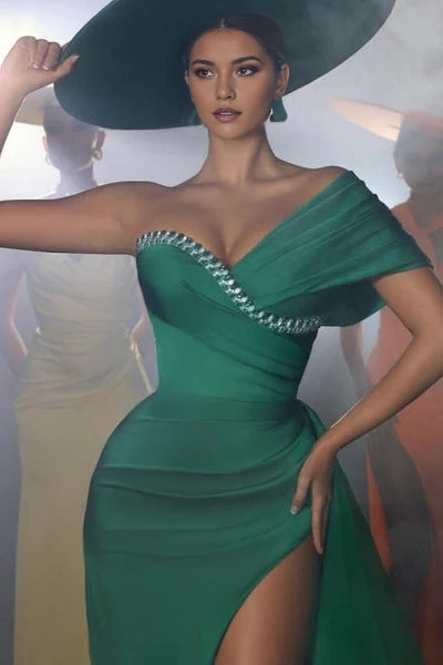 Vintage Long Green Mermaid One Shoulder Beaded Prom Dress with High Slit Simple gentle atmospheric and unique design